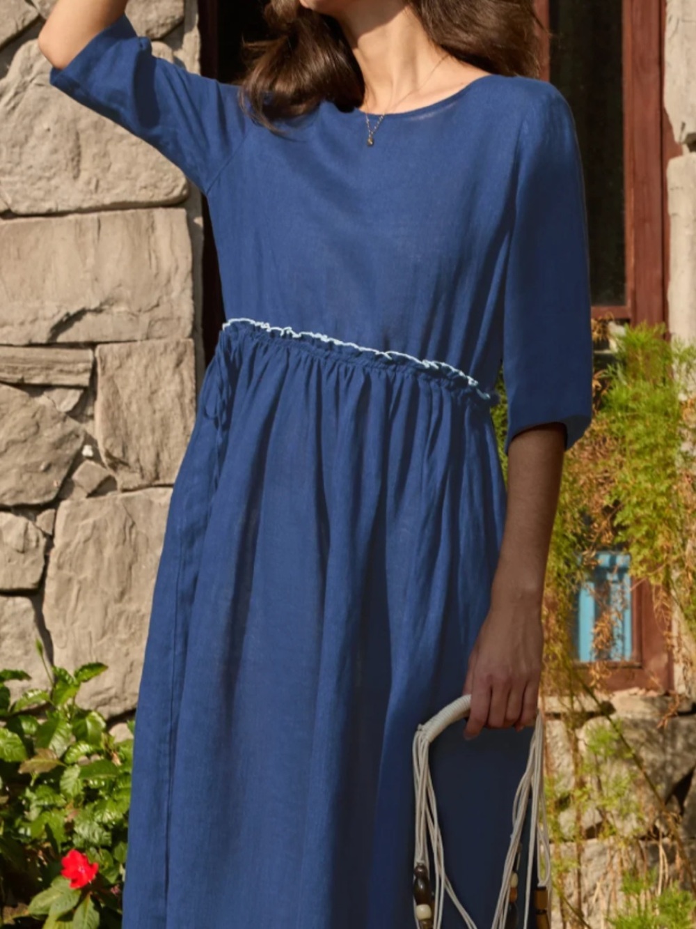 Blue Textured Midi Dress with Gathered Waist - Picture 4 of 10